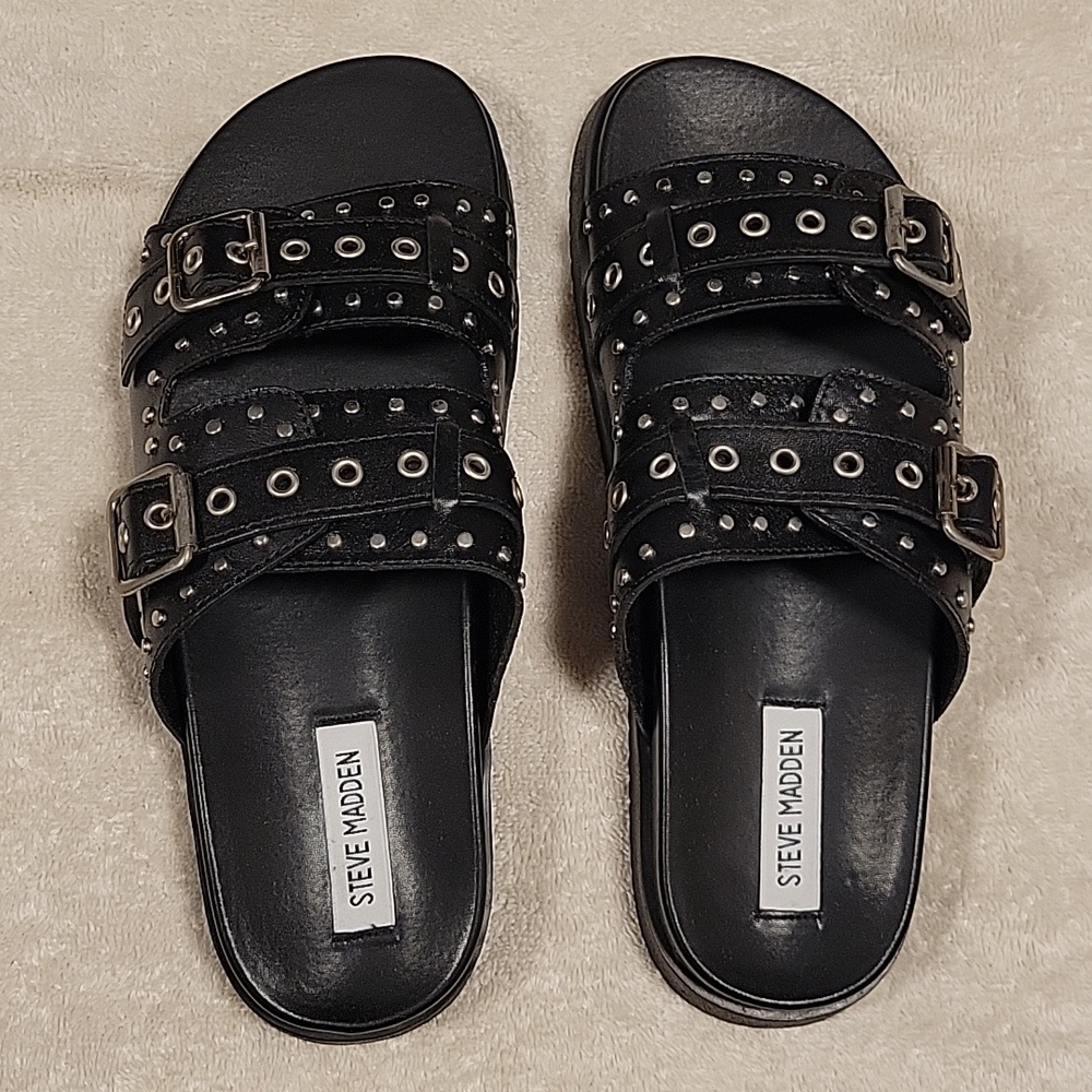 Steve Madden Melanie Black Double-Buckle Stud Slide Sandals, NIB - Picture 5 of 10